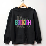 Black sweatshirt with 'BOOKISH' multi-colored text on a white background