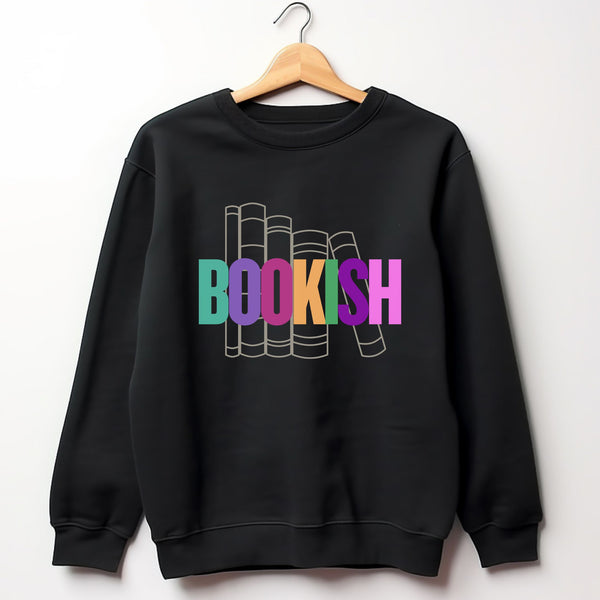 Black sweatshirt with 'BOOKISH' multi-colored text on a white background