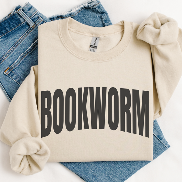 Beige sweatshirt with 'BOOKWORM' text on a white background