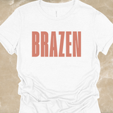 White t-shirt with 'BRAZEN' printed in red on a beige background
