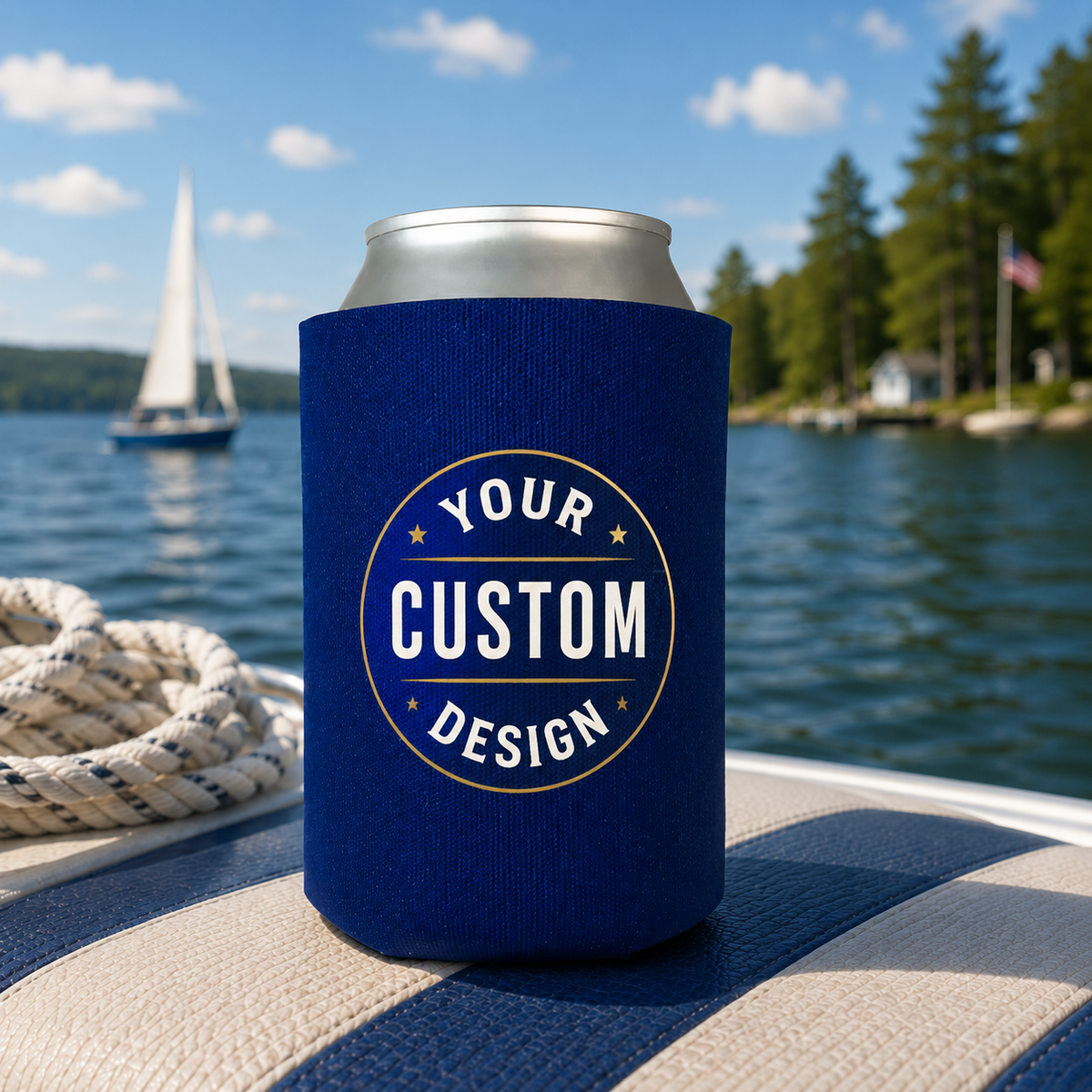 A navy blue can cooler koozie on a boat, featuring a customizable circular logo design with white and gold text that reads 'YOUR CUSTOM DESIGN'. The background shows a scenic lake with a sailboat, trees, and blue sky.