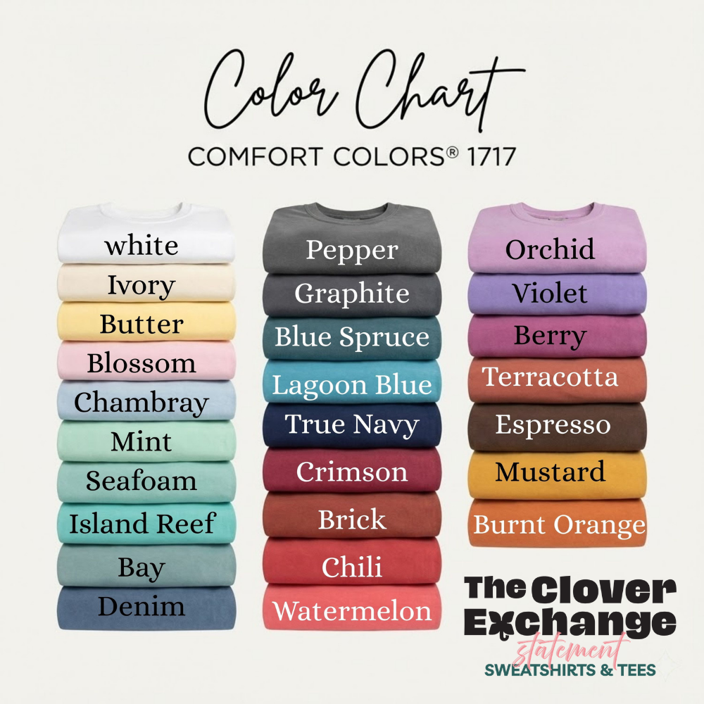 Color chart for Comfort Colors 1717 tee shirts with various color names listed.
