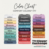 Color chart for Comfort Colors 1717 tee shirts with various color names listed.