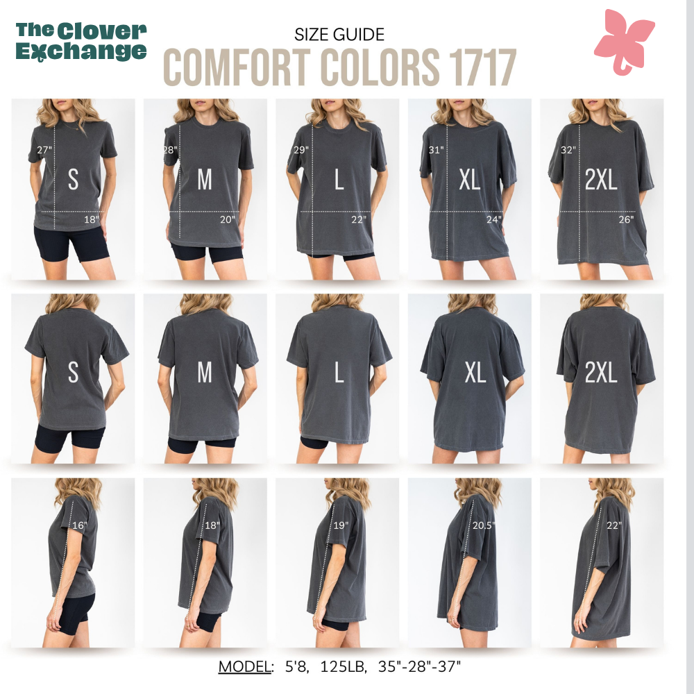 Size guide for Comfor Colors 1717 t-shirts with measurements and model dimensions displayed.