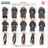 Size guide for Comfor Colors 1717 t-shirts with measurements and model dimensions displayed.