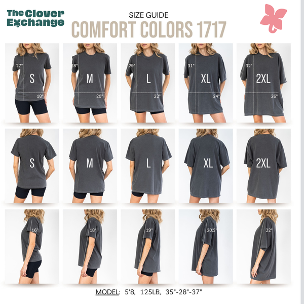 Size guide for Comfor Colors 1717 t-shirts with measurements and model dimensions displayed.