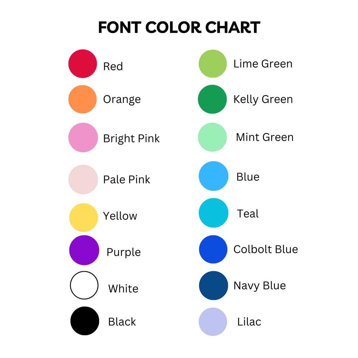 Color chart for the font - red, orange, bright pink, pale pink, yellow. purple, white, black, lime green, kelly green, mint green, blue, teal, colbolt blue, navy blue, lilac purple