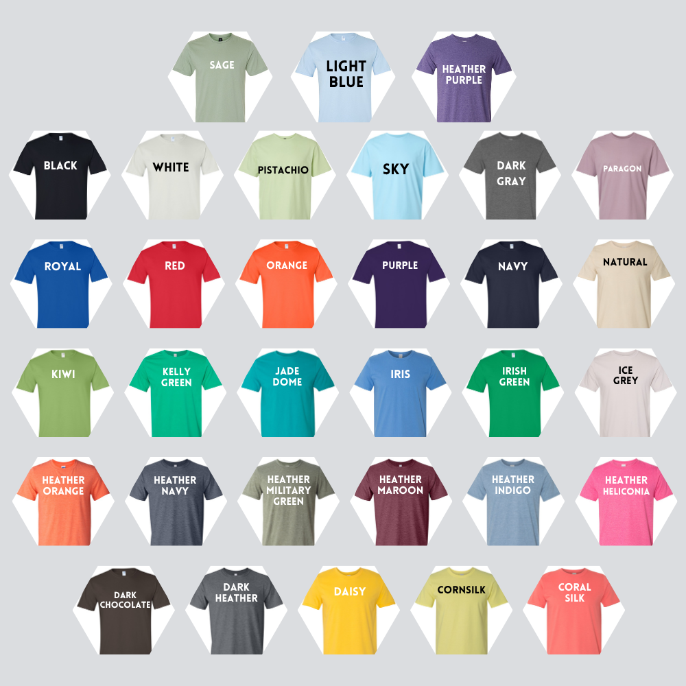 Collection of t-shirts in various colors with color names printed on them.