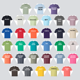Collection of t-shirts in various colors with color names printed on them.