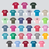 Collection of t-shirts in various colors with labels on a gray background