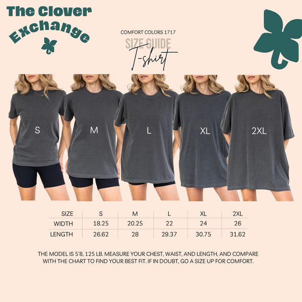 Size guide for Comfort Colors t-shirts with measurements and 'The Clover Exchange' branding.