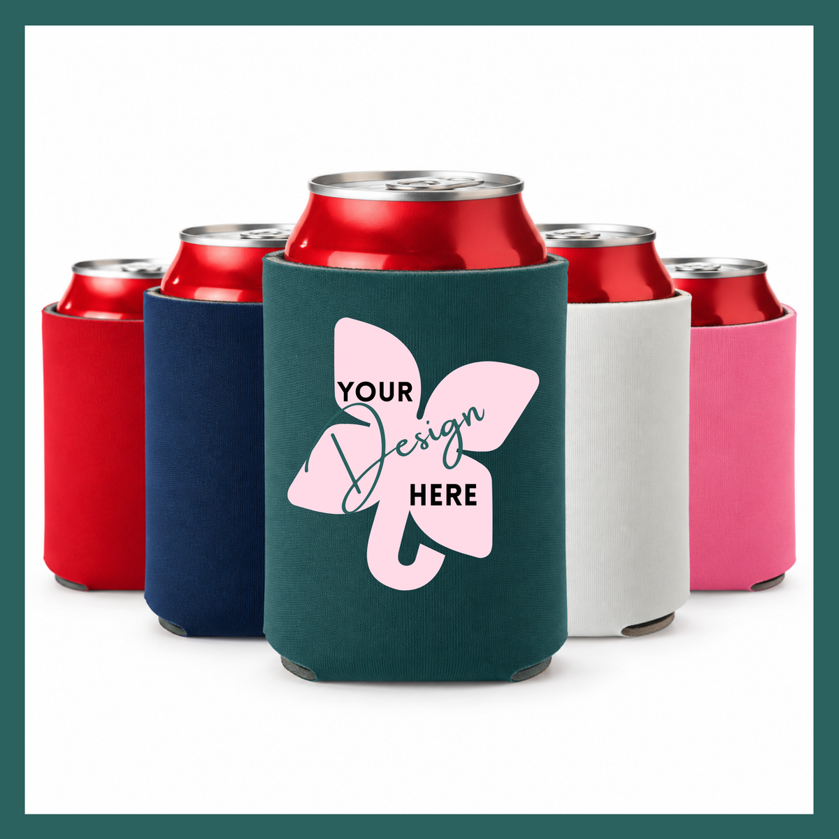 A custom can cooler in dark teal shown in the foreground, with red, navy, white, and pink can coolers behind it on a white background. The front can cooler has a pink elephant graphic with the text 'YOUR Design HERE'.