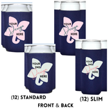 Four navy can coolers shown in two sizes, each with a can inserted. The coolers feature a butterfly graphic with customizable text reading 'YOUR Design HERE' in black, teal, and pink.