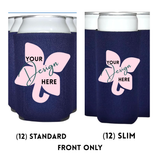 Two views of a customizable beverage can cooler sleeve on a white background. The left view shows a navy blue sleeve with a pink elephant graphic and placeholder text 'YOUR Design HERE', labeled '(12) STANDARD'.