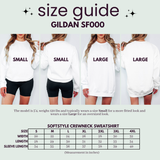Size guide for Gildan SF000 sweatshirt with models wearing different sizes.