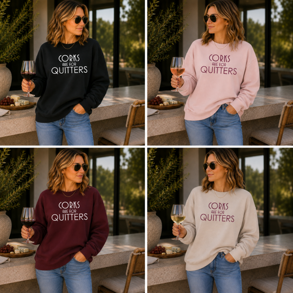A four-panel collage showing a woman modeling the same slogan sweatshirt in four color options: black, light pink, burgundy, and light gray. She is wearing sunglasses, jeans, and holding wine glasses in an outdoor patio setting.