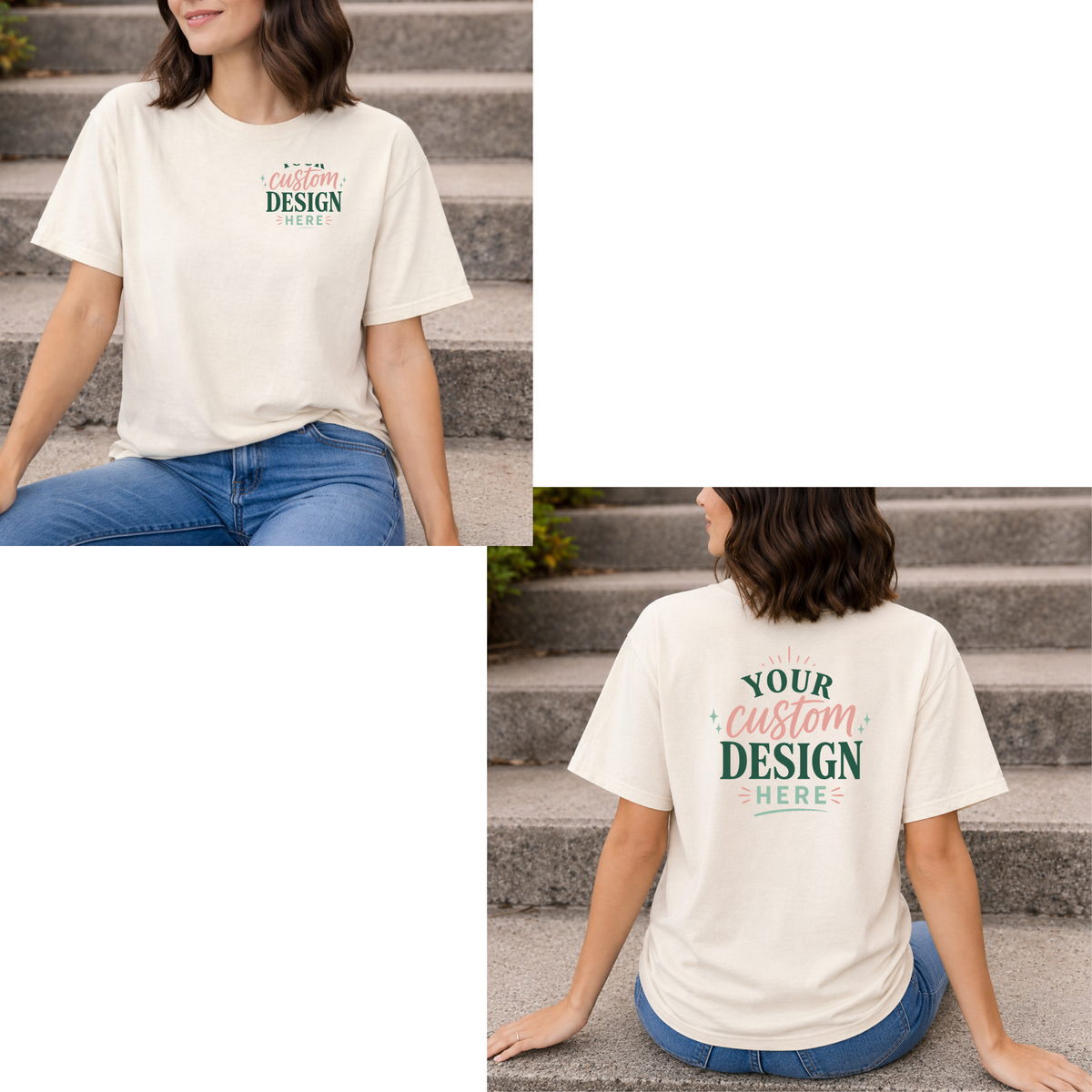 Person wearing a customizable t-shirt with text 'Your custom design here' on front and back, sitting on steps.