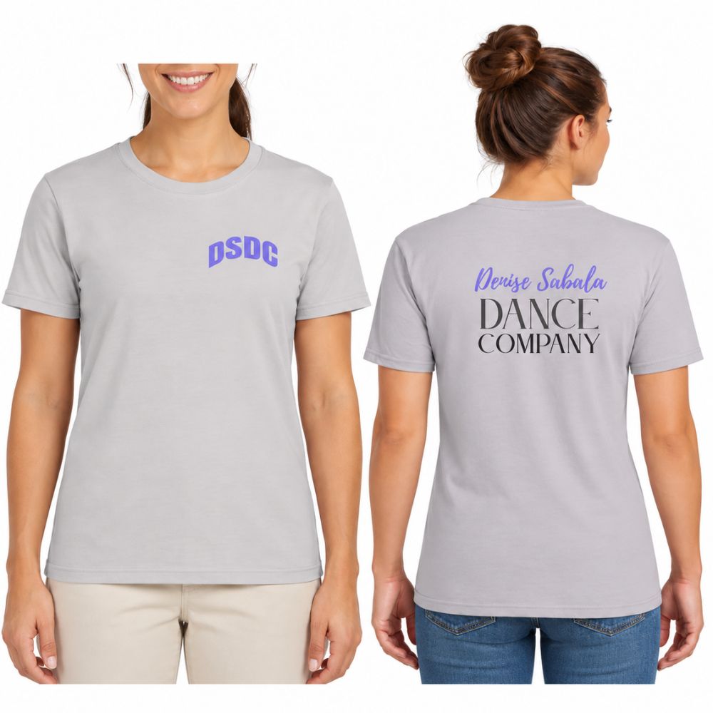 Ice Gray adult tee shown front and back: DSDC in purple on the front chest, Denise Sabala Dance Company on the back.