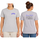 Ice Gray adult tee shown front and back: DSDC in purple on the front chest, Denise Sabala Dance Company on the back.