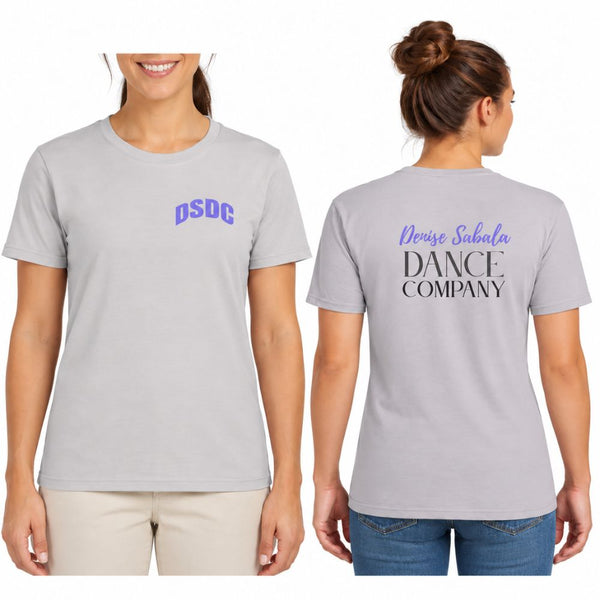 Ice Gray adult tee shown front and back: DSDC in purple on the front chest, Denise Sabala Dance Company on the back.