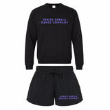 Black DSDC sweat set: crewneck and fleece shorts with Denise Sabala Dance Company in purple lettering.