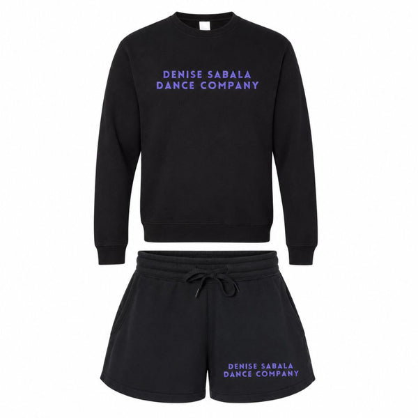 Black DSDC sweat set: crewneck and fleece shorts with Denise Sabala Dance Company in purple lettering.