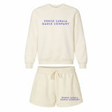 Bone DSDC sweat set: crewneck and fleece shorts with Denise Sabala Dance Company in purple lettering.