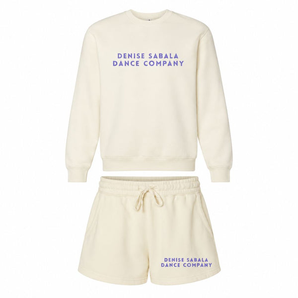 Bone DSDC sweat set: crewneck and fleece shorts with Denise Sabala Dance Company in purple lettering.