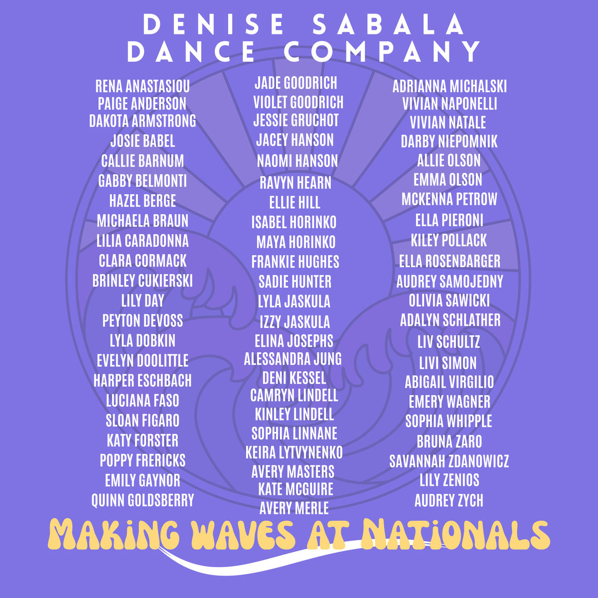 Denise Sabala Dance Company poster with dancer names on a purple background