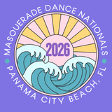 Logo for Masquerade Dance Nationals 2026 in Panama City Beach, FL with waves and sun design on a purple background.