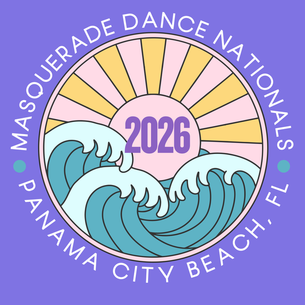 Logo for Masquerade Dance Nationals 2026 in Panama City Beach, FL with waves and sun design on a purple background.