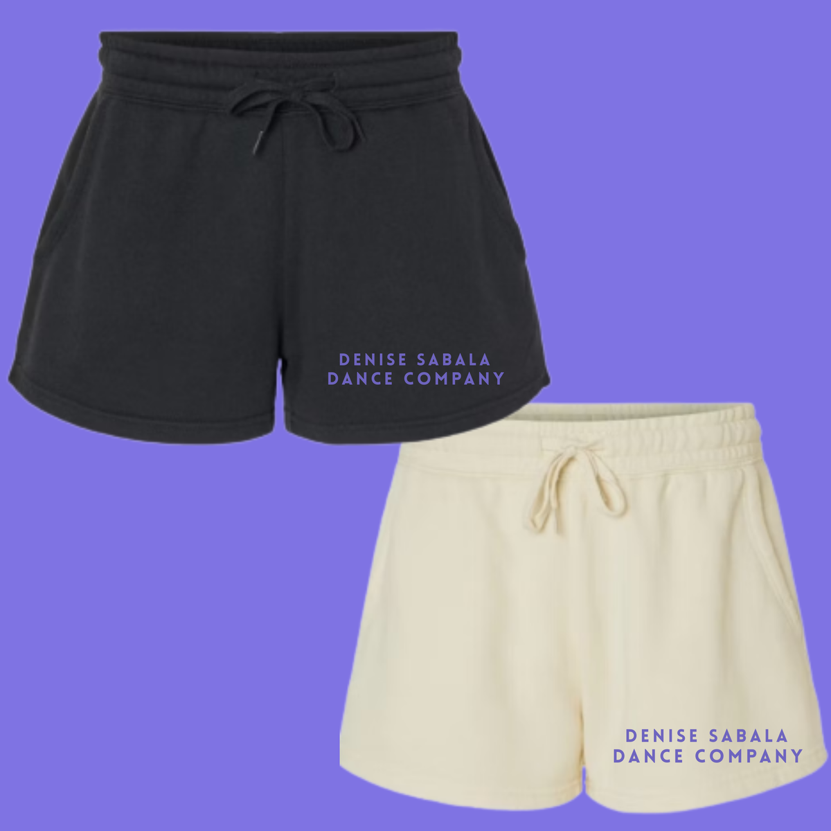 Black and beige shorts with 'Denise Sabala Dance Company' text on a purple background