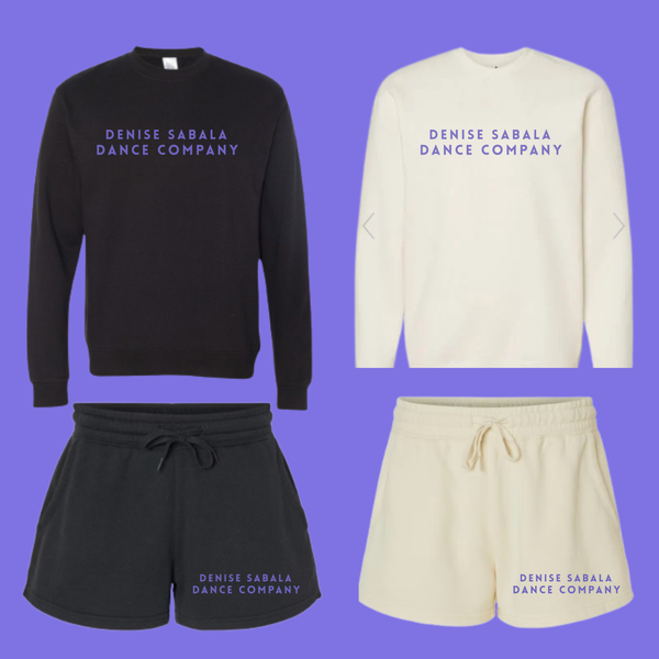 Black and beige sweatshirts and shorts with 'Denise Sabala Dance Company' text on a purple background