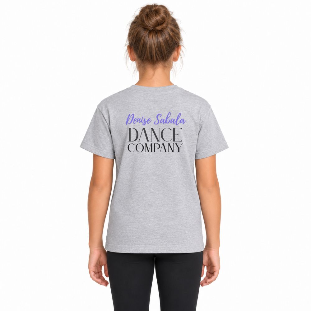 Back view of a heather gray tee with Denise Sabala Dance Company printed in purple and black.