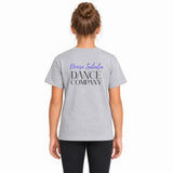 Back view of a heather gray tee with Denise Sabala Dance Company printed in purple and black.