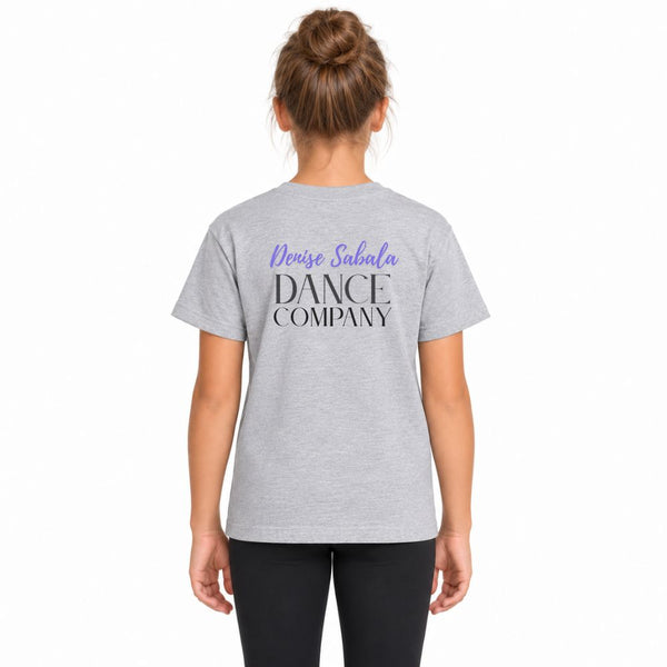 Back view of a heather gray tee with Denise Sabala Dance Company printed in purple and black.