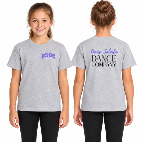 Youth Sport Grey tee shown front and back: DSDC in purple on the front chest, Denise Sabala Dance Company on the back.