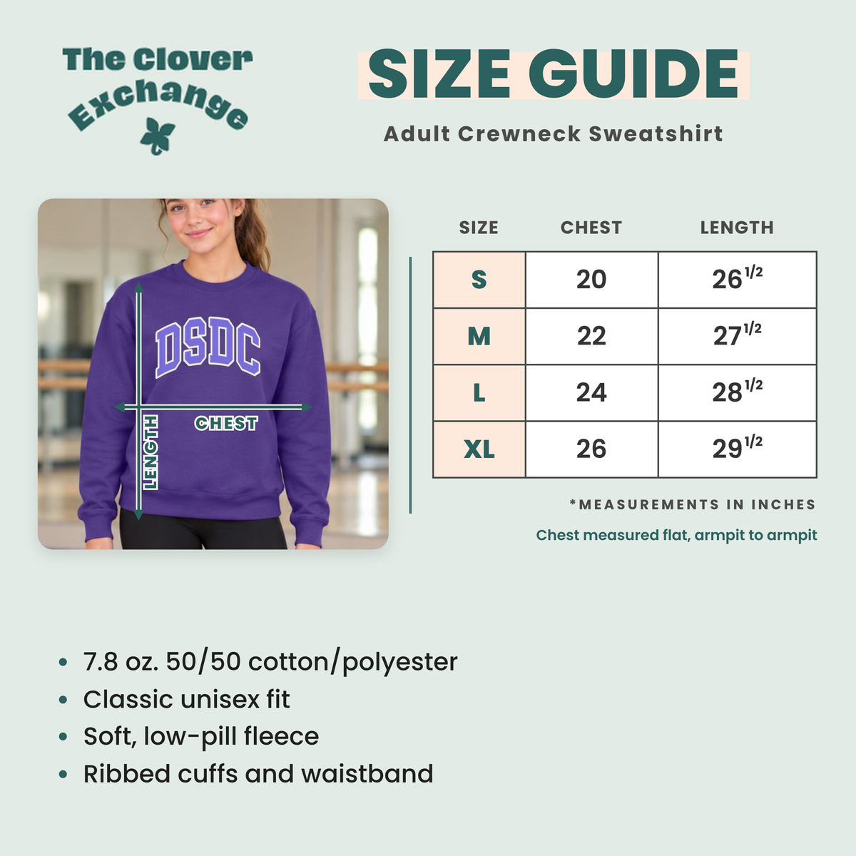 Size guide graphic for The Clover Exchange adult crewneck sweatshirt, showing a model wearing a purple sweatshirt with chest measurement lines, a size chart table from S to XL, and product material and fit details on a pale green background.