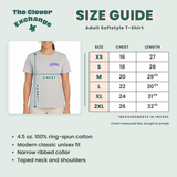 Size guide graphic for an adult softstyle T-shirt from The Clover Exchange, showing a partial model wearing a light gray T-shirt with chest and length measurement arrows, alongside a size chart from XS to 2XL in inches, plus fabric and fit notes on a pale green background.