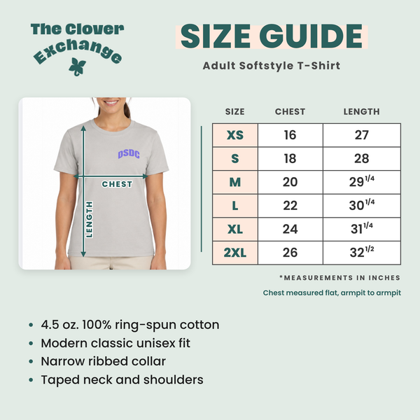 Size guide graphic for an adult softstyle T-shirt from The Clover Exchange, showing a partial model wearing a light gray T-shirt with chest and length measurement arrows, alongside a size chart from XS to 2XL in inches, plus fabric and fit notes on a pale green background.