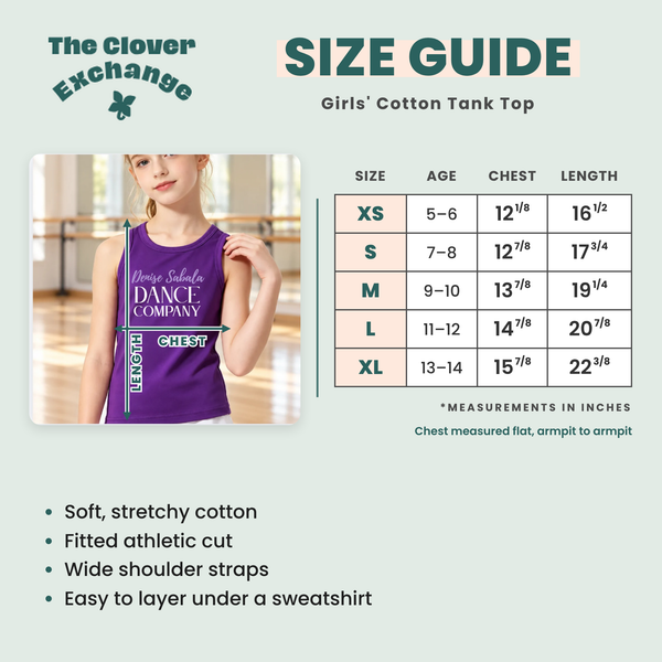 Size guide infographic for Clover Exchange Girls' Cotton Tank Top, showing a size chart table from XS to XL with age and measurements, plus a model wearing the purple tank top and feature bullet points.