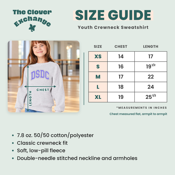 A size guide infographic for a youth crewneck sweatshirt by The Clover Exchange. It features a size chart table from XS to XL with chest and length measurements in inches, a product photo of a girl wearing a gray sweatshirt with purple 'DSDC' lettering, and a list of fabric and fit details at the bottom.