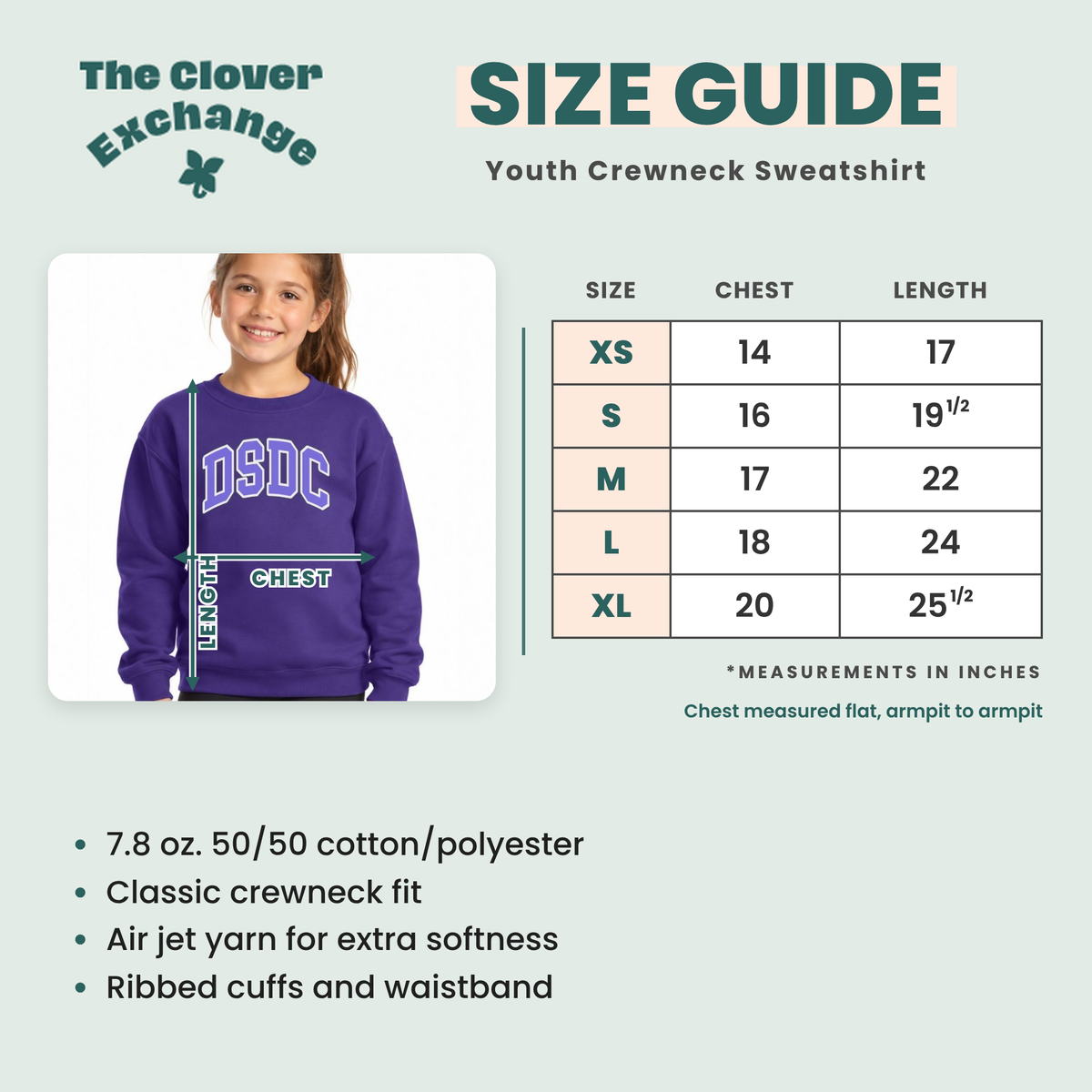 A size guide infographic for a youth crewneck sweatshirt by The Clover Exchange. It features a size chart table from XS to XL with chest and length measurements in inches, a photo of a young girl wearing a purple sweatshirt with 'DSDC' on the chest, and product details including 7.