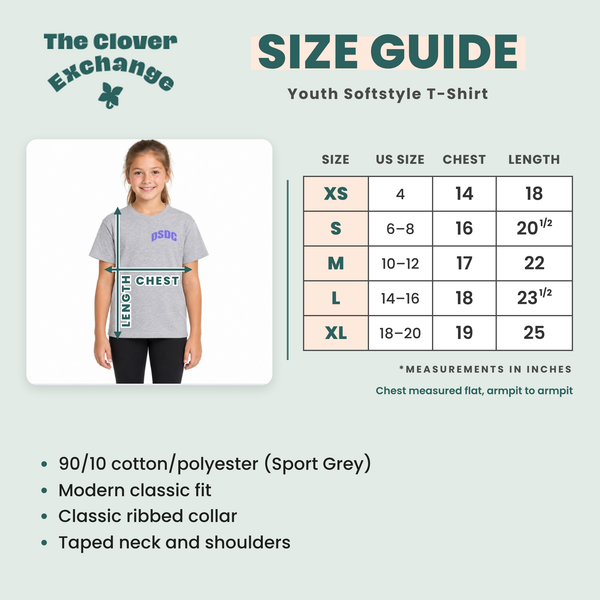 Size guide for the DSDC youth Softstyle tee, youth XS–XL, with chest and length measurements in inches.