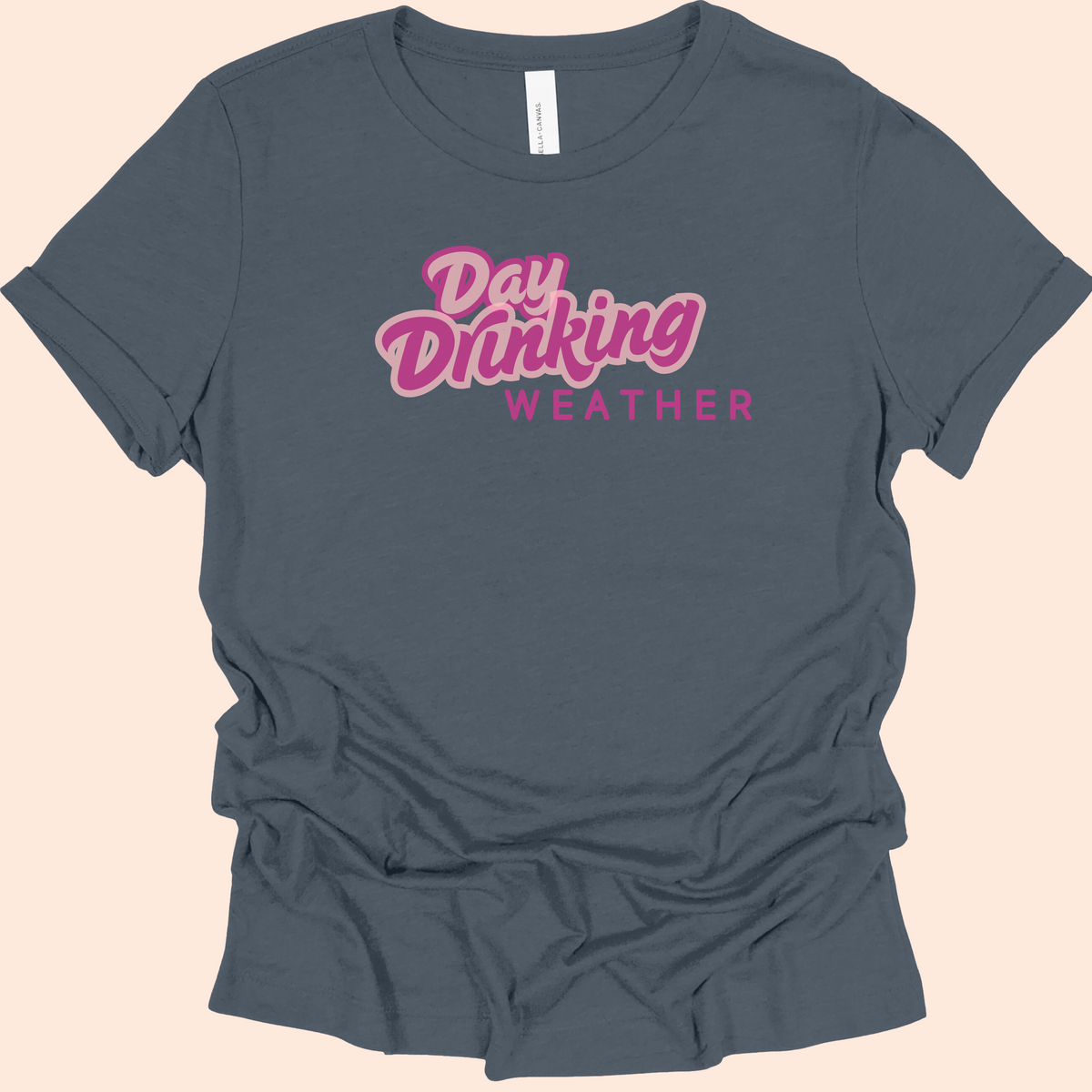Vintage Navy T-shirt with "Day Drinking Weather" written in bright pink font.