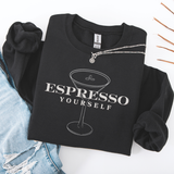Black sweatshirt with 'Espresso Yourself' design on a white background
