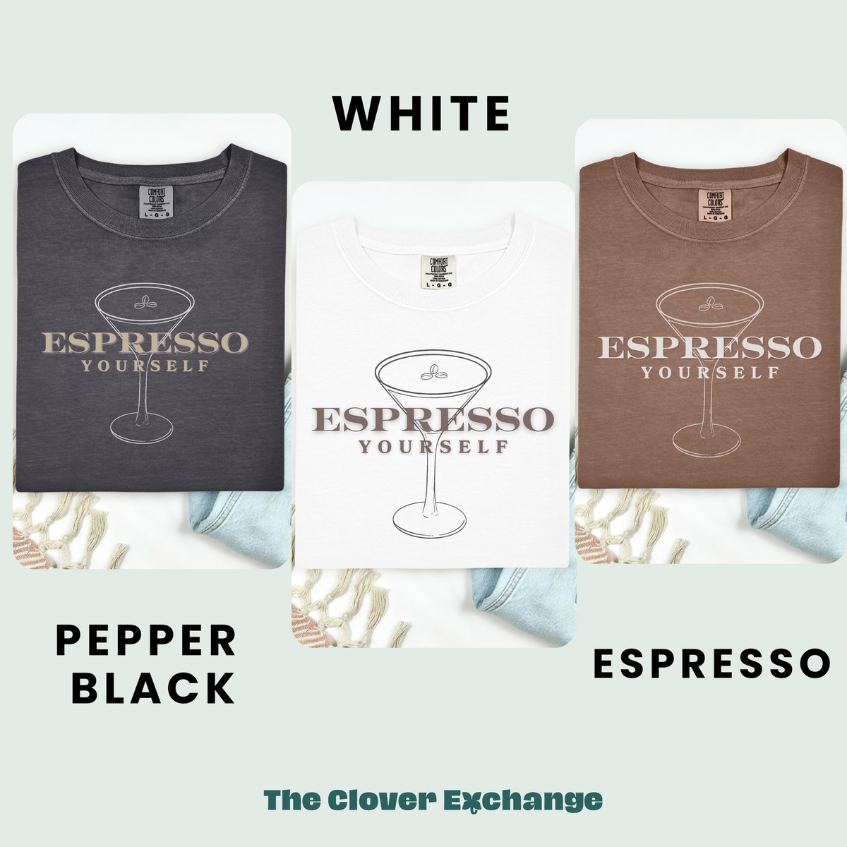 Three t-shirts in different colors with 'Espresso Yourself' design on a light green background.