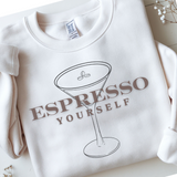 White sweatshirt with 'Espresso Yourself' design on a light background