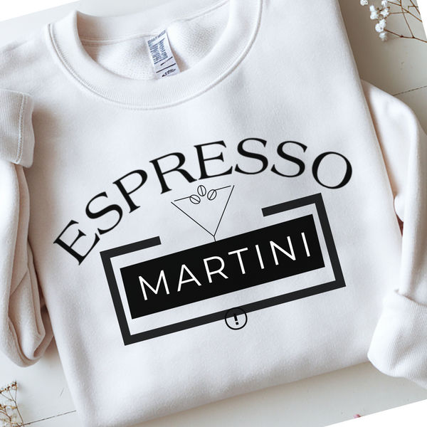 White sweatshirt with 'Espresso Martini' text design on a light background