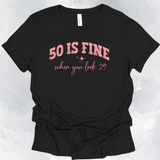 Black t-shirt with pink text on a light gray background